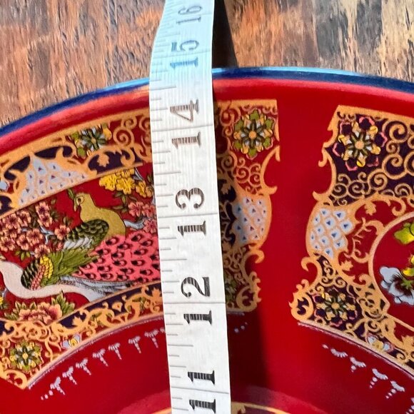 Vintage Red Enamel Decorative Bowl With Floral & Peacock Motifs - Picture 4 of 10